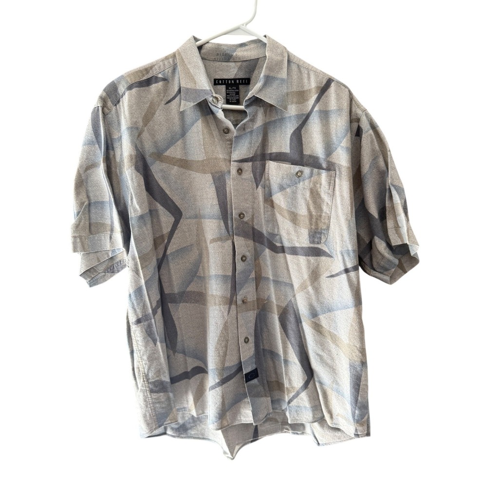 Cotton Reel Vtg Mens XL Short‎ Sleeve Button Up Shirt Abstract Geometric Grey